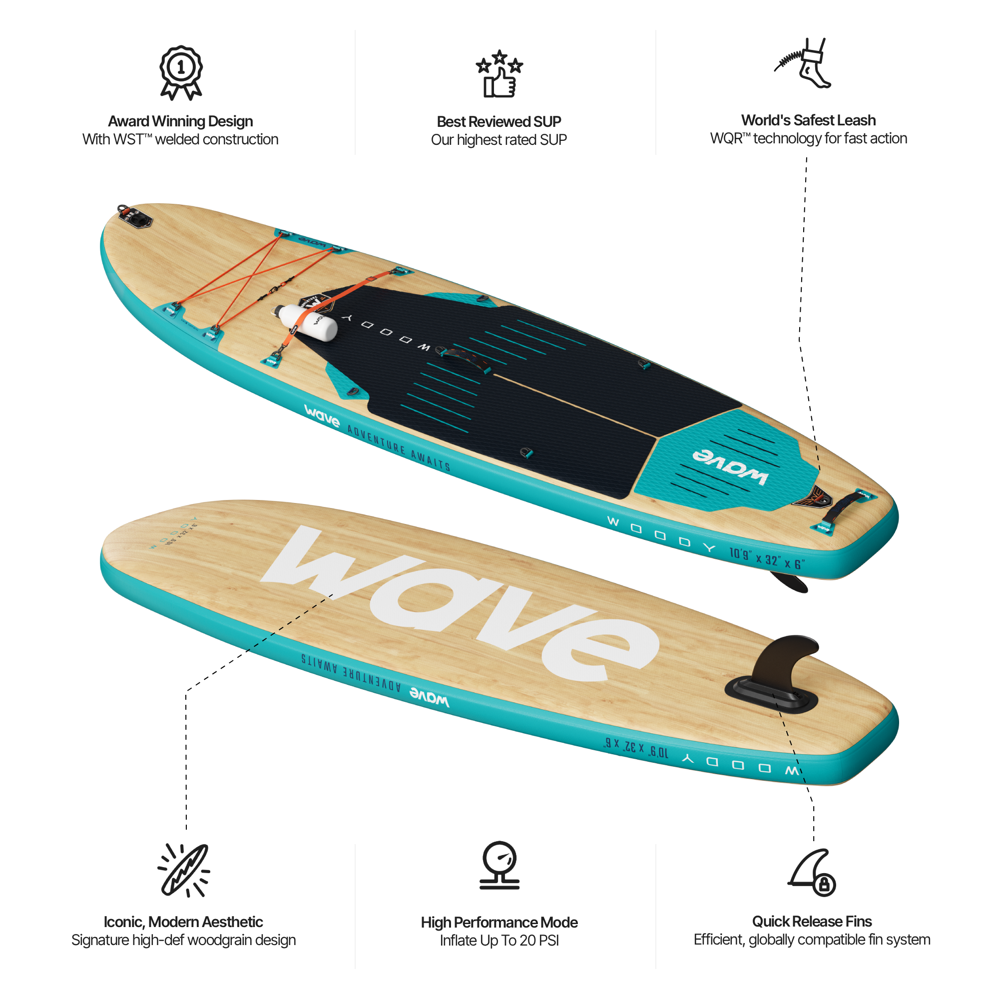 Stand Up Paddel / Sup Board - Wave The Woody 3.0 Größe: 10'9 Aqua Blau